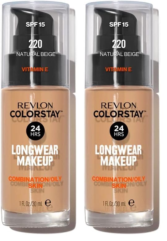 REVLON - ColorStay Base de Maquillaje SPF 15, con Vitamina E, Cobertura Media-Alta, Larga Duración, Acabado Mate, Resistente al Agua, para Piel Mixta-Grasa, Tono 220, Natural Beige - 30 ml