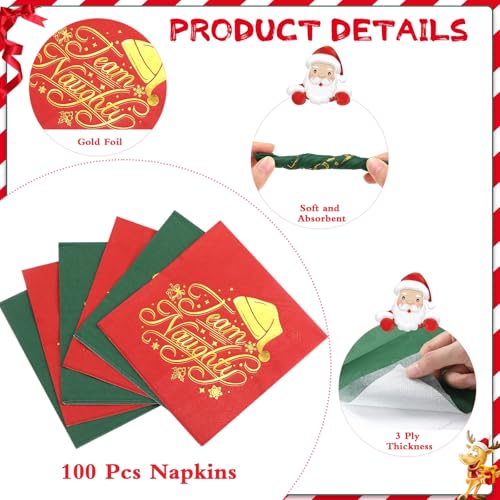 Faccito 100 Pcs Christmas Team Naughty Nice Paper Napkin Disposable Nativity Gold Foil Santa Hat Napkin Red Green Guest Cocktail Paper for Xmas New Year Holiday Party Decor (10 x 10 Inch) – Image 4