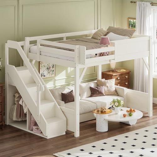 Image of KEIKI Solid Wood Full Size Loft Bed Frame with Stairs, Built-in Wardrobe and Storage Space, Full Loft Bed with Shelves, Full-Length Guardrails, No Box Spring Needed for Bedroom, Beige