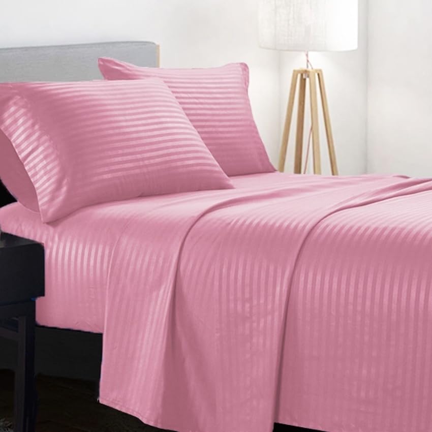 BMI Creations 4-Piece Single Bed Linen Set (Duvet Comforter Cover, Fitted Bedsheet & 2 Pillowcases) - Doby Stripes (Rose Pink)