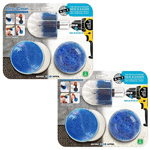 RevoClean 4 Piece Scrub Brush Power Drill Attachments-All Purpose Time Saving Kit-Perfect for Cleaning Grout, Tile, Counter, Shower, Grill, Floor, Kitchen, Blue & White (Pack of 2)