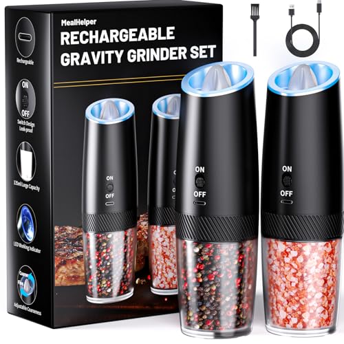 Comparison: Best Gravity Salt And Pepper Grinder 3 MealHelper Rechargeable Gravity Electric Salt and Pepper Grinder Set with LED Light, Type-C Fast Charging, Adjustable Coarseness, Large Capacity Grinder for Kitchen, Restaurant & Outdoor, (2 Pack)