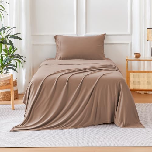 Image of Amazon Basics Jersey Knit 3-Piece Sheet Set, Wrinkle Resistant and Easy Fit, Includes 16 inch Deep Pocket Fitted Sheet, 1 Flat Sheet and 1 Pillowcase, Twin, Light Brown