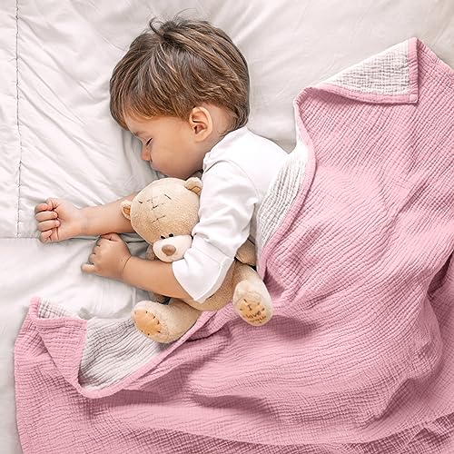 Image of lulumoon Muslin Baby Blanket for Girls: 4-Layer Soft Cotton Toddler Blanket for Daycare - Reversible Lightweight Crib Bedding for Stroller & Travel 47 inchx47 inch(Pink)