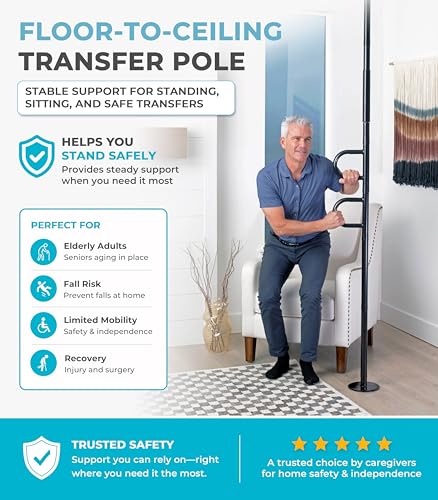 Image of Stander Double Handle Non-Rotating Floor to Ceiling Grab Bar, No-Drill Tension Mounted Transfer Pole for Seniors, Bath Safety & Bedside Assist Rail for Home Standing Support & Fall Prevention, Black