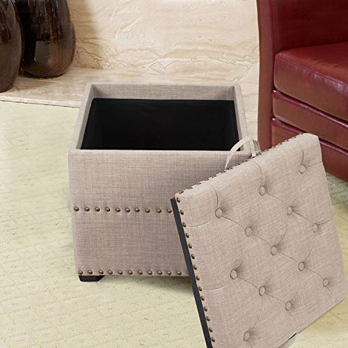 Edeco Storage Ottoman Bench With Tray, Square Foot Stool With Nailhead Trim, Beige #TOP4
