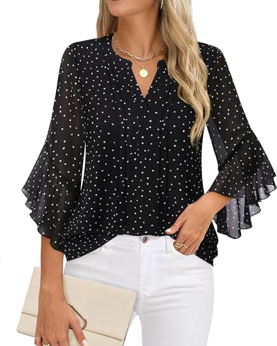 Image of Timeson Women's Short Sleeve V Neck Blouses Shirts Floral Double Layers Mesh Tunics Tops