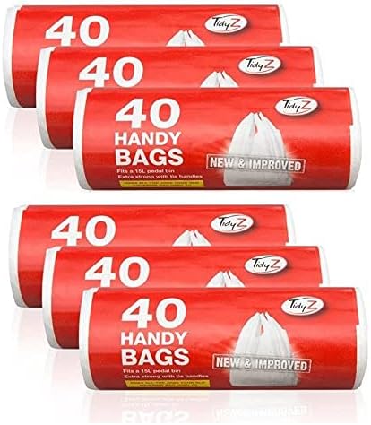Tidyz 6 Packs Of 40 Handy Bags - Carrier Bags - Fits 15L Pedal Bin - Extra Strong Tie Handle 240 Bags In Total