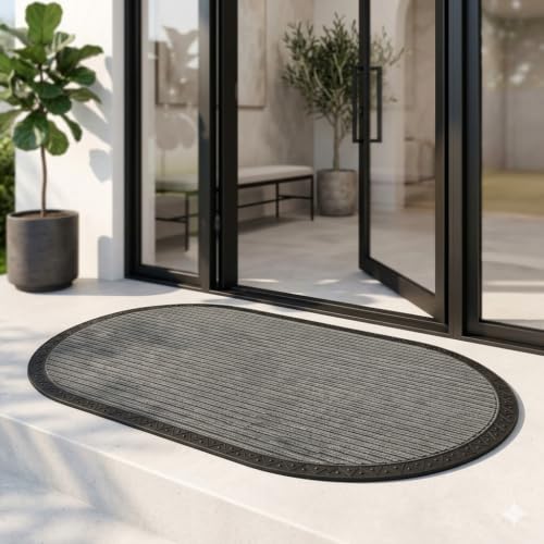 Image of Heavy Duty Front Door Mat 45 x 75 cm, Outdoor Indoor Welcome Mat, Non Slip Dirt Trapper Entrance Rug for Entryway, Patio & Porch,Washable Low Profile Foot Mat (Grey Oval 2 x 3.5 feet)