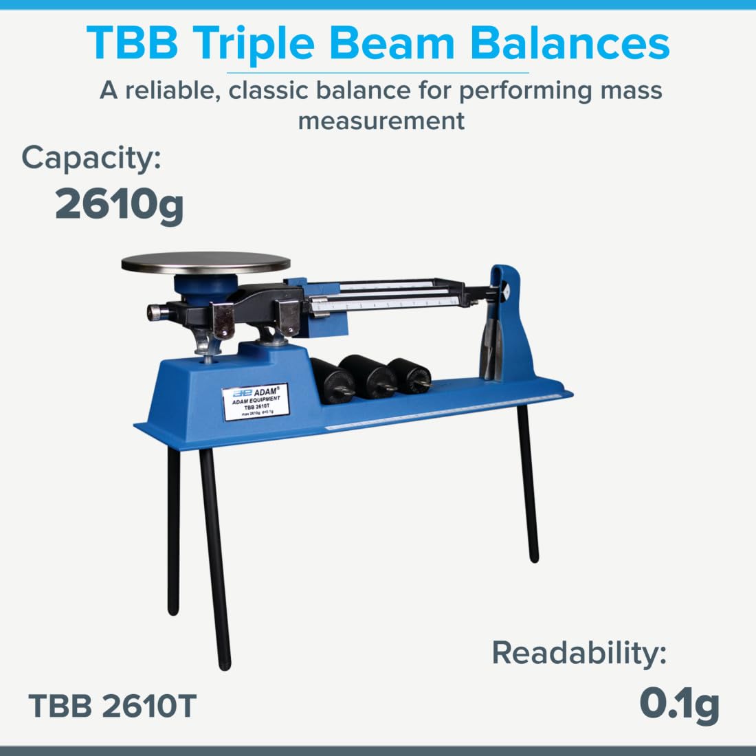 Adam Equipment aluminio Triple Beam equilibrio mecánico, 2.61kg Capacity, 0.1g Readability with Tare Beam, 1