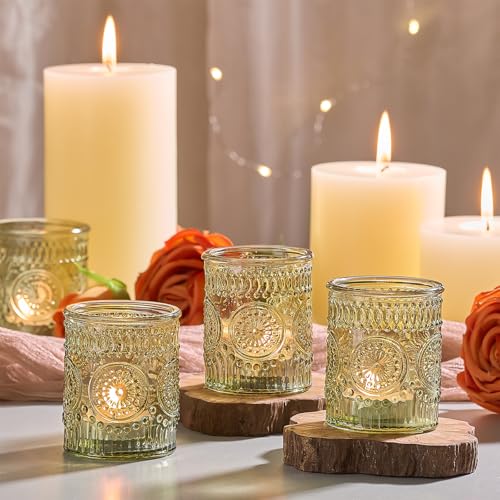 30 Pack Clear Glass Votive Candle Holders, Vintage Candle Holder Bulk, Tealight Candle Holders for Table Centerpieces, Home, Bridal Shower, Birthday, Christmas, Thanksgiving Party Table Decor (Green)