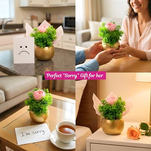 Image of Bombay Greens Gold Metal Pot with Flower Plant | Decorative Indoor Tabletop Flower Pot | Mini Faux Plant for Home & Office Decor | Living Room, Bedroom & Desk Decoration | Gift Item
