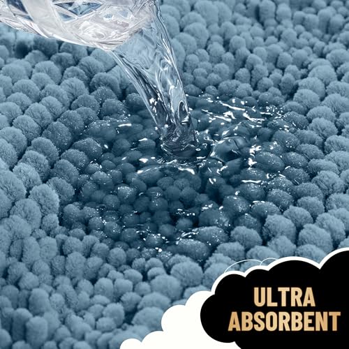 Image of OLANLY Thick Bathroom Runner Rugs 47x20, Extra Absorbent Chenille Striped Bath Rugs, Rubber Backing, Machine Wash Dry, Long Bath Mats for Bathroom, Tub and Shower, Home Decor Accessories, Airy Blue