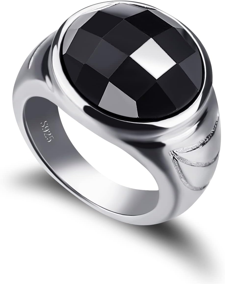 925 Sterling Silver Men Black Onyx Ring Square Circular Agate Signet Ring For Woman Index Finger Ring Sizes 6 to 13 For Band Mans Boys Jewelry Gift For Him