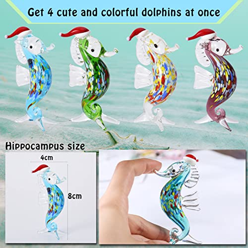 Ditmogf Set 4 Hand Blown Glass Hippocampus Figurines Miniature Animals Art Glass Collection, Handmade Glass Seahorse Collectible Christmas Home Decor #TOP1