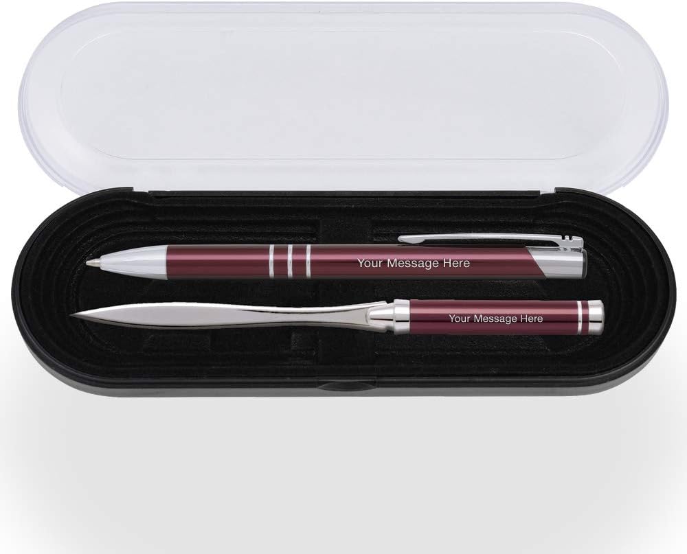 10 Custom Laser-Engraved Ballpoint Pen & Letter Slitter Gift Sets. Includes Case. Red Product Color with Silver Accents. Black Ink