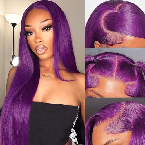 cute fairy Dark Purple Lace Front Wigs Human Hair 13x4 Straight Deep Purple Lace Frontal Human Hair Glueless Wigs Pre Plucked with Baby Hair 150% Density 20 Inch