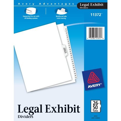 Avery Premium Collated Legal Exhibit Divider Set, Avery Style, 26-50 and Table of Contents, Side Tab, 8.5 x 11 Inches, 1 Set (11372) Office Supply Product