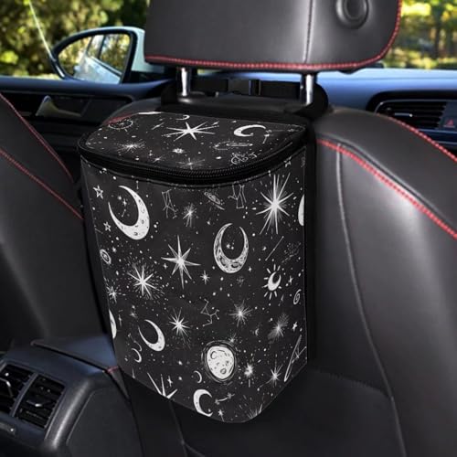 Image of Moon and Star Car Trash Can with Lid - Leak Proof Car Trash Bag Hanging Waterproof Garbage Can - Multipurpose Storage Container for Back Seat Road Trip, Black