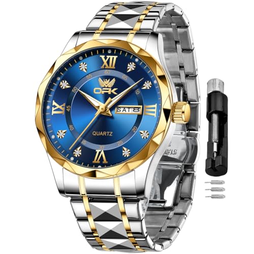 Image of OPK Watches for Men Diamond Roman Analog Mens Watches Waterproof Large Stainless Steel Men Wrist Watch Business Father Gift Watch Blue