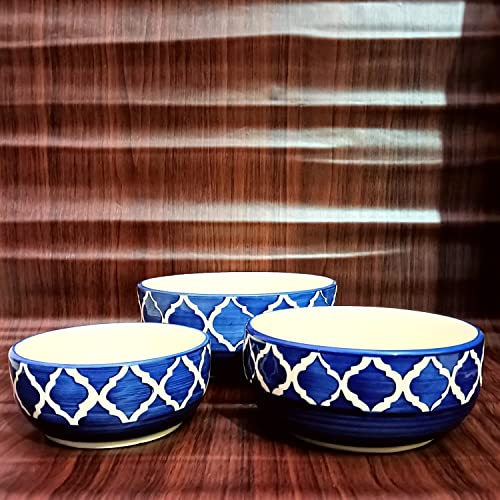 Ruvi Ceramic Stoneware Handmade Ceramic Stylish Premium Bowls Serving Bowls Microwave Dishwasher Safe -Set of 3 Color -Blue