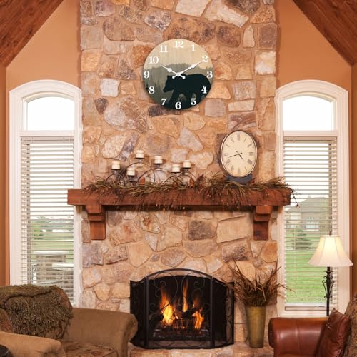 Image of XFM Large Cabin Bear Wall Clock Battery Operated 24 Inch Silent | Non-Ticking Forest Wildlife Battery Operated Rustic Farmhouse Clock for Lodge Living Room Kitchen Office