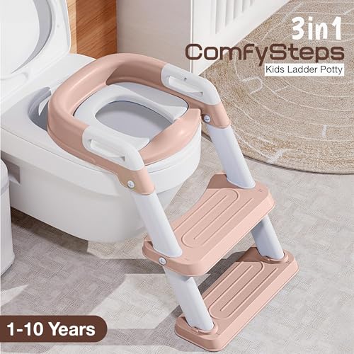 Image of Baybee Western Potty Seat for Kids | Baby Toilet Seat Chair with Ladder, Adjustable Step Height & Cushion Seat | Portable Potty Training Seat for 1-8 Years Child Boys Girls (Pink)