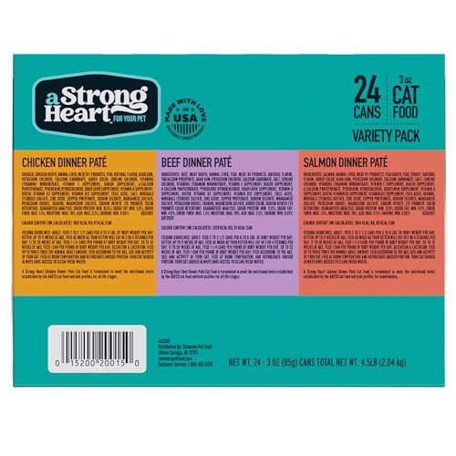 Image of A Strong Heart Canned Wet Cat Food, Chicken, Beef and Salmon Variety Pack - 3 oz Cans (Pack of 24), Made in The USA with Real Chicken, Beef and Salmon