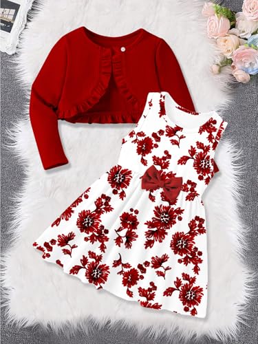 Toddler Girls Dress and Cardigan Floral Print Tank Dress Baby Cardigan Set 2PCS Fall Winter Outfits for Girls 2-6Y2