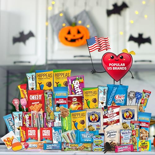 Image of Gift A Snack - Halloween Candies Trick or Treats, Snack Box Care Package + Greeting Card (60 Count) Sweet Treats Gift Basket, Corn Candy Scary Spiders Stuffers Chips - Office Food Assortments