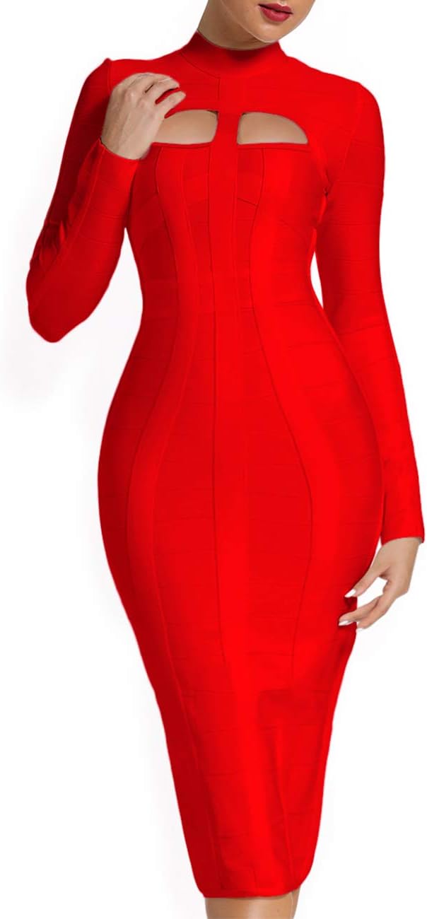 Whoinshop Women's Cut Out Long Sleeve Party Bandage Dress Clubwear Midi - Image 2
