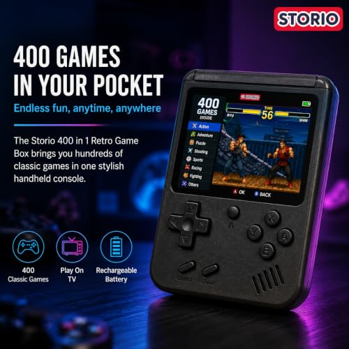 Image of Storio Rechargeable Pocket Video Game for Kids 400 in 1 Retro Game Box Console Handheld Game Box with TV Output - Multicolor | 400 in 1 Retro Game Box Console, Handheld Game Box, TV Output