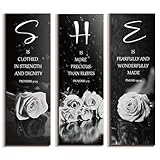DONFENTHY 3 Pcs Black And White Bedroom Decor White Rose Wooden Wall Decor Black Grey Bathroom Decor Inspirational Farmhouse Office Sign With SHE Bible Words For Women Girl Home Decor(White 12x4Inch)