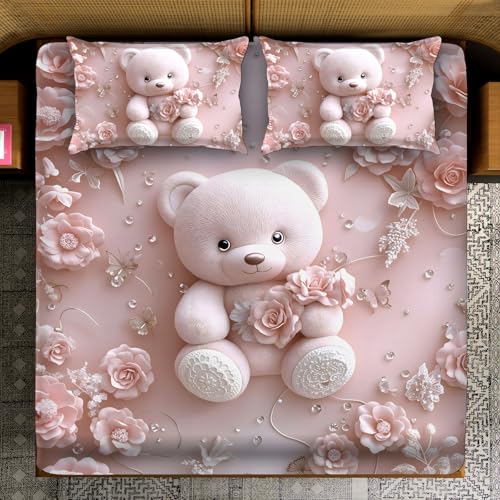 Image of King Size 7D Digital Print Bedsheet - 350 TC Cotton, Kids Friendly Design, Soft & Breathable 180 GSM Fabric, Machine Washable, Gift-Ready Packaging. (108x108 Inches). (Pink Teddy)