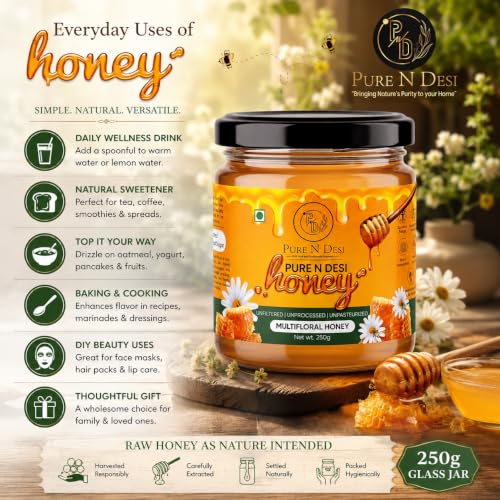 Image of PURE N DESI 100% Pure Organic Honey - 250g | Row Honey for Fitness & Health | Natural Immunity Booster | 100% Indigenous | Rich in Antioxidants & Minerals