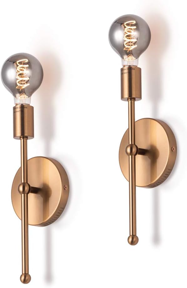 Mid Century Modern Wall Sconce Gold LED Wall Lamp Single Light Brass Wall Light Fixture for Hallway Foyer Kitchen Bathroom, Set of 2