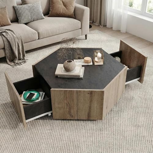 Hexagonal Coffee Table with 2 Drawers, Modern Farmhouse Industrial Side