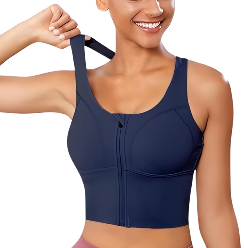 GLAMORAS Women Polyester Spandex High Impact Front Zip Sports Bra Longline Fitness Criss Cross Back Crop Tops for Gym, Yoga & Workout - Size: M-2XL