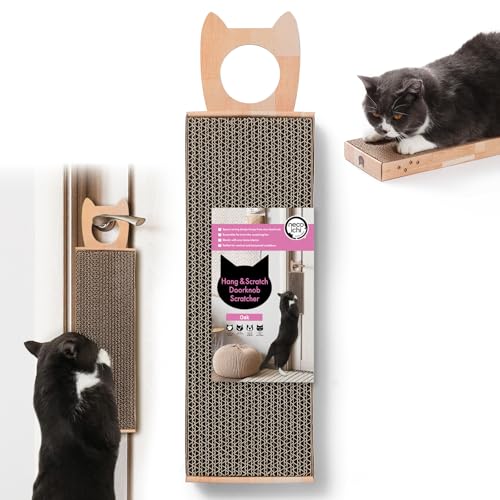 Necoichi Cardboard Hang & Scratch Doorknob Cat Scratcherfor Indoor Cats - Cat Scratching Board, Cat Scratch Pad Lounger with Reversible Usability and Extra Comfort for Wall (Oak)