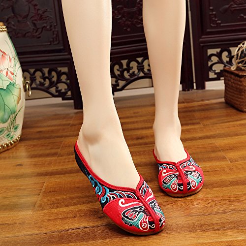 Qhome Women's Old Beijing Opera Embroidery Rubber Flat Sole Ladies Shoe Slippers2