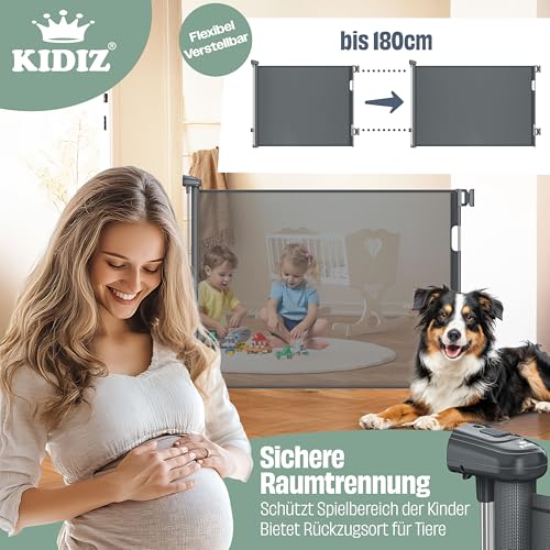 KIDIZ® Treppenschutzgitter Türschutzgitter ausziehbar 0-180CM | kindersicheres Treppengitter für Babys & Haustiere | Schutzgitter für Treppen & Türen Absperrgitter inkl. Bodenanker & Montagezubehör