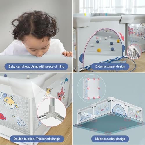 Image of Playpen 150x180cm for Baby 0-5 Years with Safety Lock, Playard with 5-10 Ocean Balls and 2 Grasp Rings (No Mat, Non-Foldable) - Blue