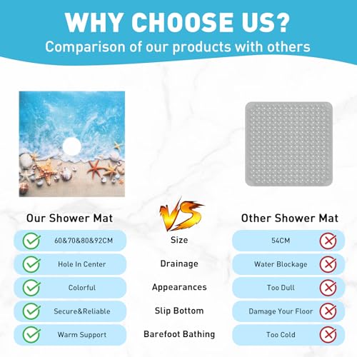 Image of Square Shower Mat Non Slip: 36 x 36 Inch Extra Large Shower Mats with Drain Hole in Middle - PVC Loofah Anti Slip Shower Floor Matt for Inside Shower
