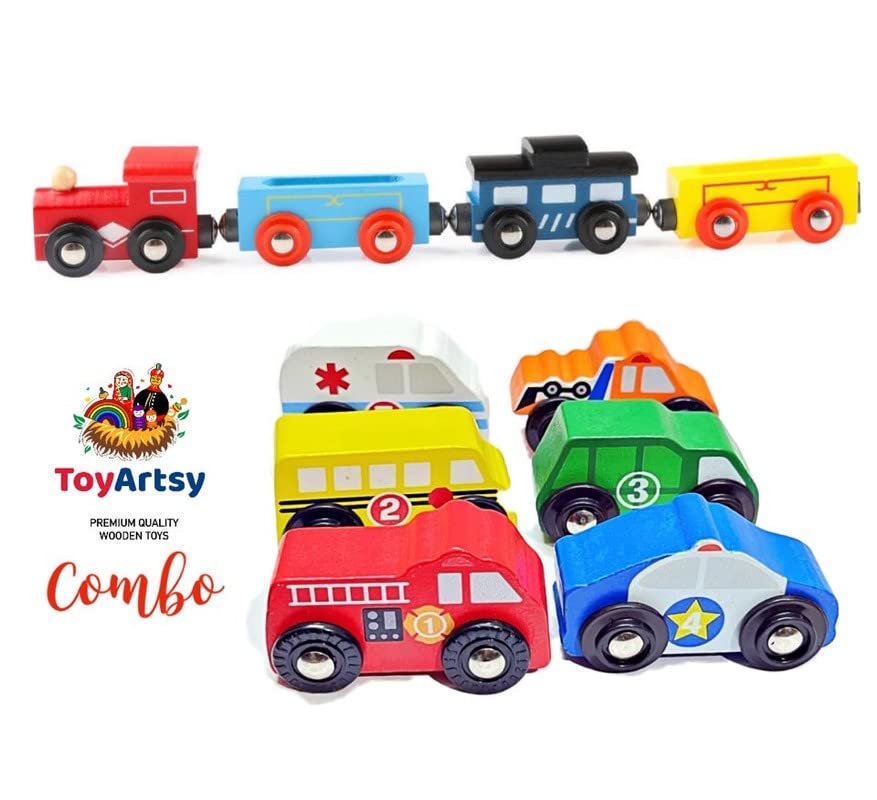 Image of Wooden Magnetic Train and Cars Combo Toy Vehicle Set for Kids - Fun, Educational, and Durable Magnetic Toy Vehicles for Toddlers & Preschoolers, Enhances Creativity & Motor Skills