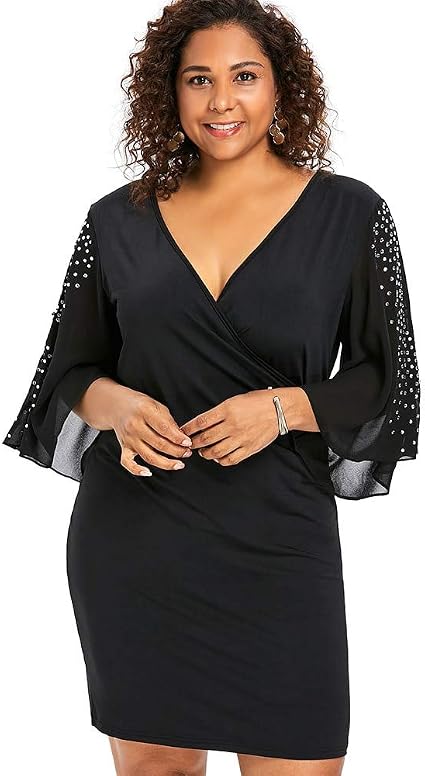 NANADEDIAN Abito Vestito Comfort Versatile Classico Moda Plus Size Elegante  Flare Sleeve Sleeve Fodero Strass Impreziosito con Scollo a V Abito Nero  Taglie Forti Abiti XXXL Nero : Amazon.it: Abbigliamento