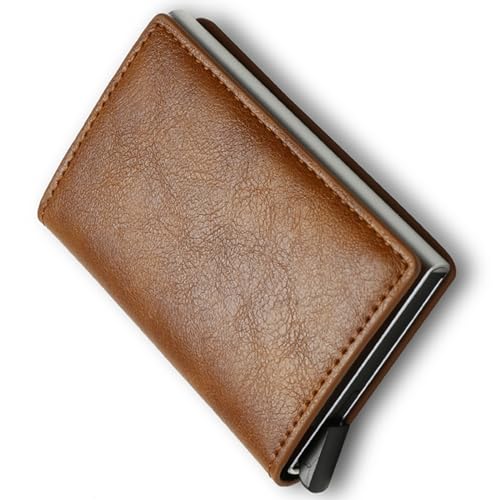 Skylinewears Men’s Ultra Metal RFID Blocking Real Carbon Fiber Pop up Card Wallet Minimalist Aluminium Credit Debit Card Money Holder Brown