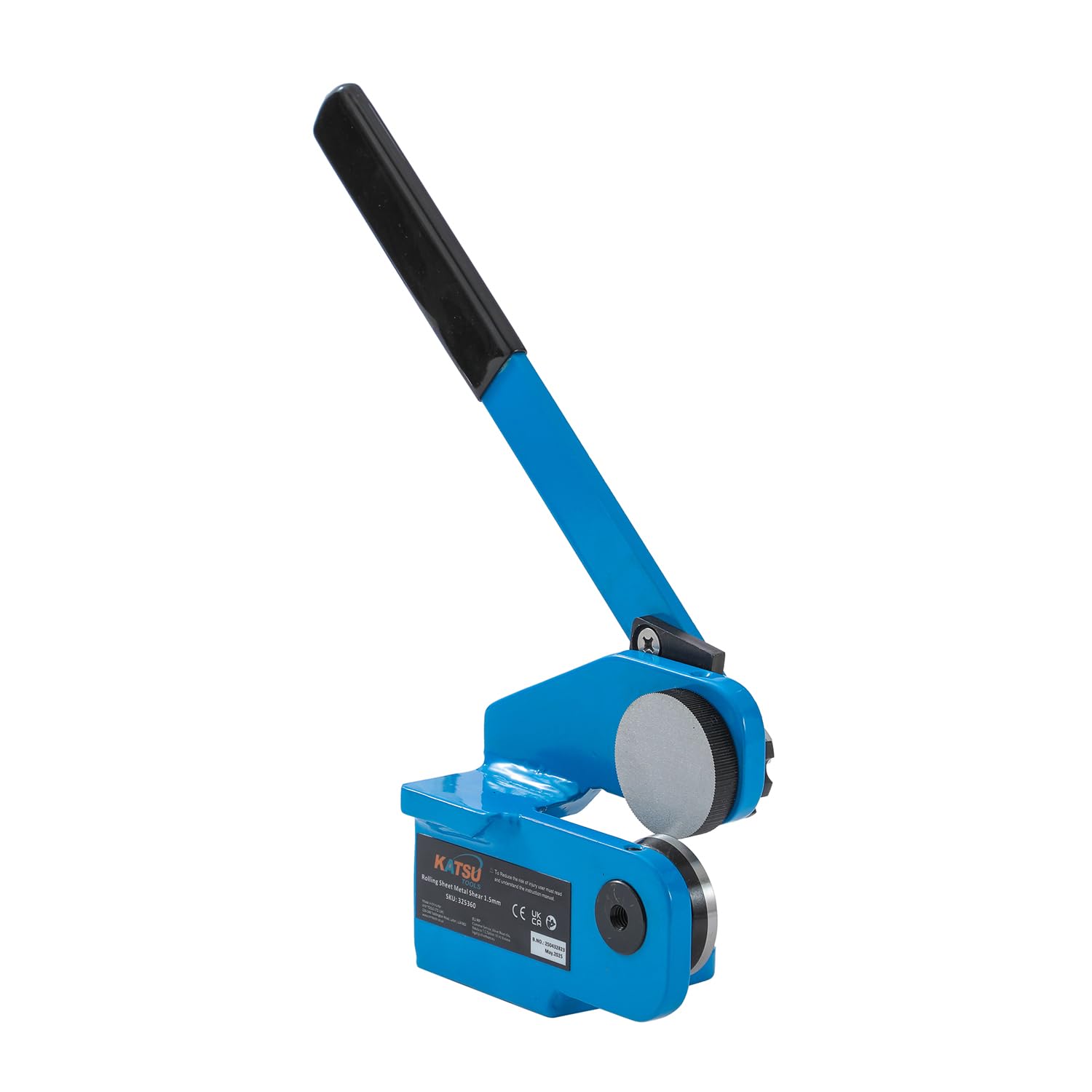 Katsu Tools Blue Sheet Metal Shear Throatless – 16Ga/1.5Mm Capacity, Rotary Hand Shear For Straight, Curved And Internal Cuts - Compact Benchtop Design - Model 325360