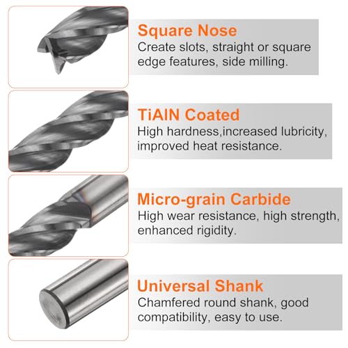 Image of HARFINGTON Carbide Square Nose End Mill Bit 3 /16 inch Cut Dia 4 Flutes TiAlN Coated Milling Cutter for Hardened Steel Metal (3 /16 inch Shank 1 inch Cut Length 4 inch Long 30 Degree Helix)