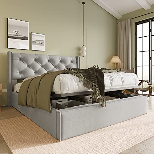VIEKOS Cama doble tapizada hidráulica de 140 x 200 cm, con somier de láminas de metal, moderno marco de cama con espacio de almacenamiento, algodón, gris claro (con colchón)