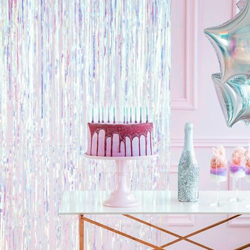 Image of PartyWoo Iridescent Streamers Backdrop 3pcs Iridescent Foil Fringe Streamer Curtain 8.2FT Tinsel Backdrop for Birthday Gender Reveal Baby Shower Graduation Pool Mermaid Under The Sea Party Decorations
